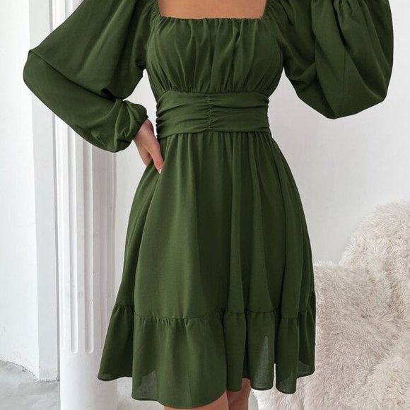 Knot Back Lantern Sleeve Ruffle Hem Dress - Picture 5 of 5